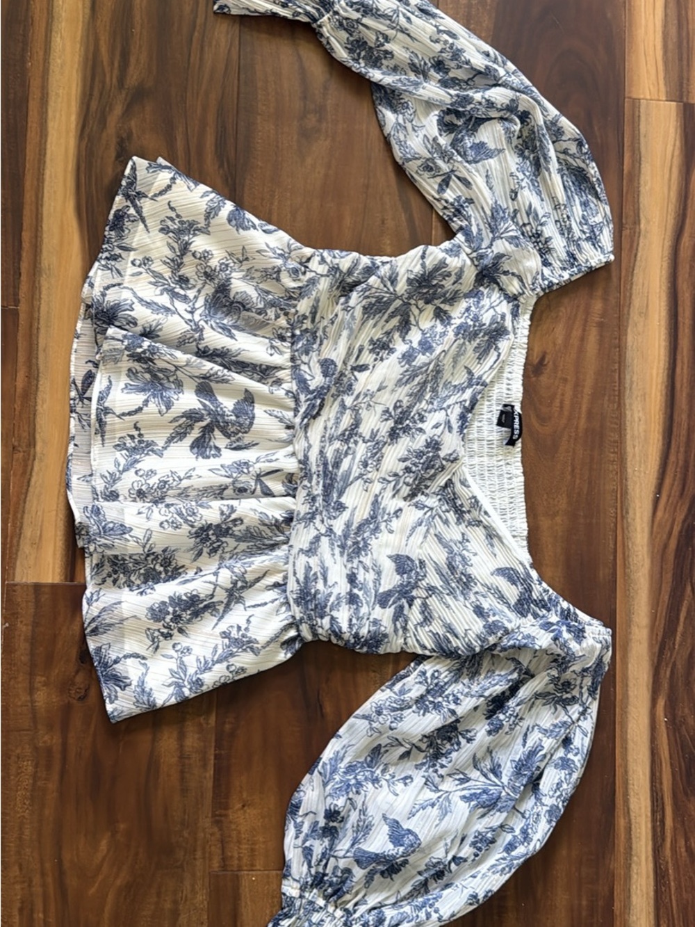 Express White Top with Blue Floral Print and Smocked Back